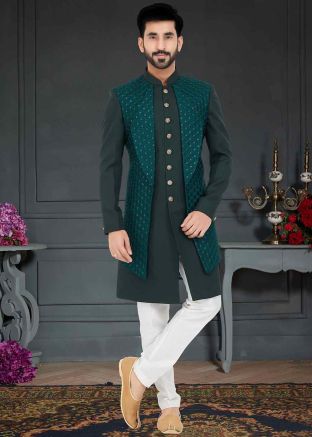 Green Embroidered Indo Western Sherwani