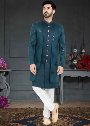 Teal Green Embroidered Indo Western Sherwani