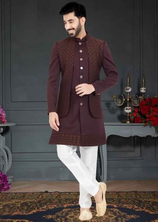 Maroon Woven Indo Western Sherwani In Dupion Silk