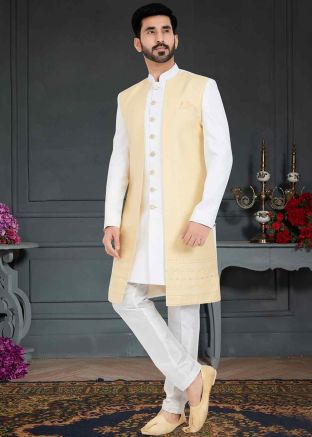 White Woven Indo Western Sherwani In Dupion Silk