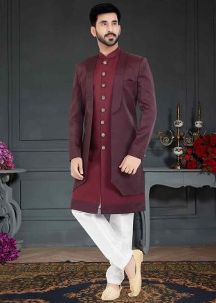 Red Woven Indo Western Sherwani In Dupion Silk