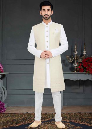 White Woven Indo Western Sherwani