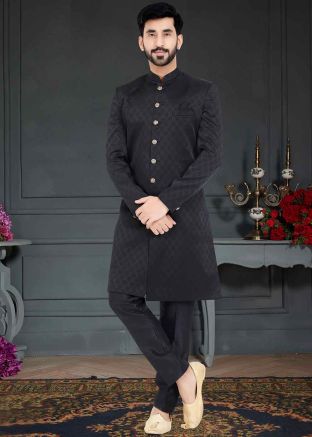 Black Woven Indo Western Sherwani