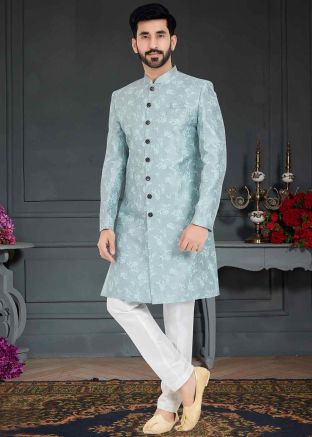 Blue Woven Indo Western Sherwani Set