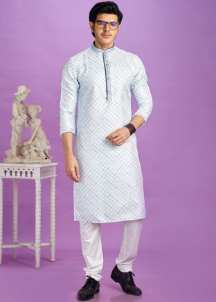 Light Blue Readymade Mens Printed Cotton Kurta Pajama