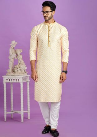 Readymade Mens Cotton Printed Kurta Pajama In Light Yellow