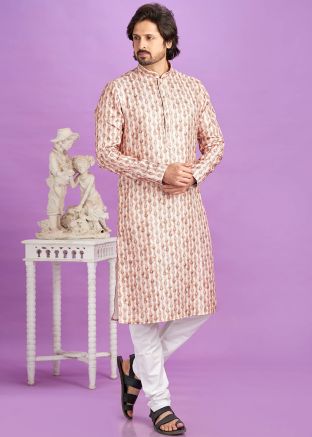 Light Brown Readymade Mens Cotton Kurta Pajama In Digital Print