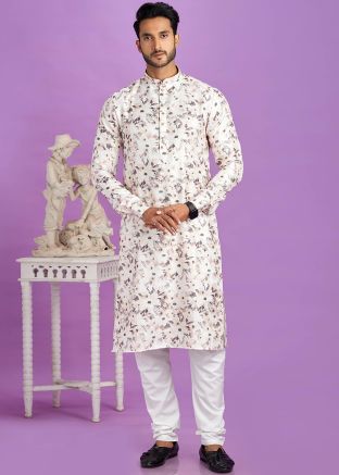 White Readymade Digital Printed Mens Kurta Pajama In Cotton