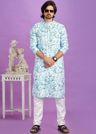 Light Blue Readymade Mens Digital Printed Cotton Kurta Pajama
