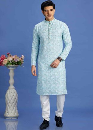 Blue Digital Printed Kurta Pajama In Cotton
