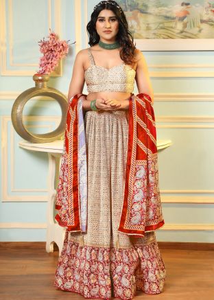Cream Digital Print Satin Lehenga Choli