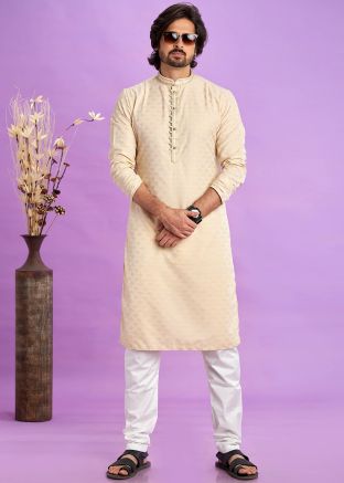 Mens Beige Woven Kurta Pajama In Art Silk