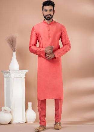 Coral Orange Mens Plain Kurta & Pajama