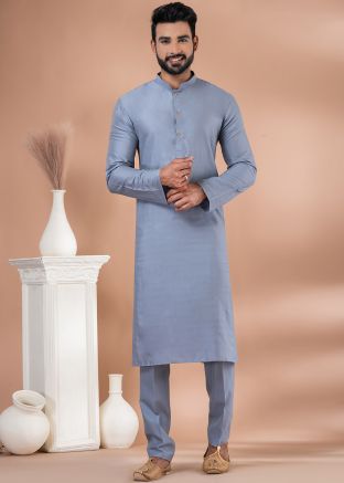 Mens Grey Plain Kurta Pajama In Viscose