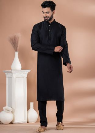 Mens Readymade Black Plain Kurta & Pajama