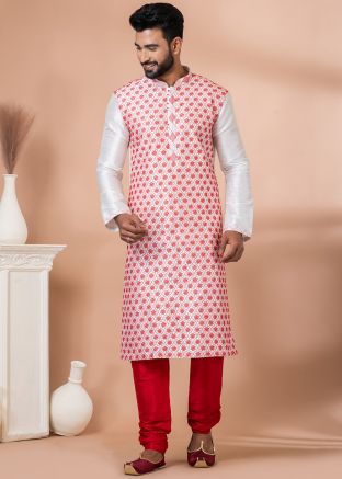 White Embroidered Kurta Pajama In Banarasi Silk