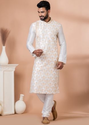 White Embroidered Kurta Pajama In Banarasi Silk