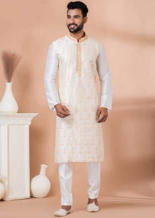 White Embroidered Kurta Pajama In Banarasi Silk