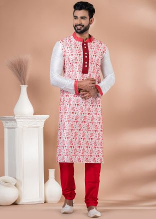 White Embroidered Kurta Pajama In Banarasi Silk