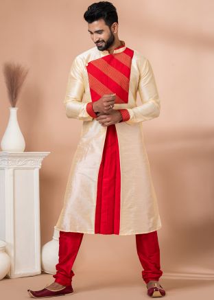 Cream Embroidered Kurta Pajama In Banarasi Silk