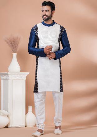 Blue & White Printed Mens Kurta Pajama