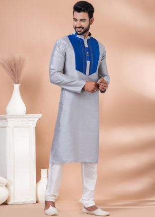 Grey Mens Plain Kurta Pajama In Dupion Silk
