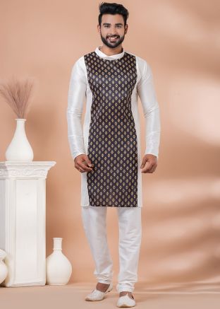 White & Brown Printed Kurta With Pajama