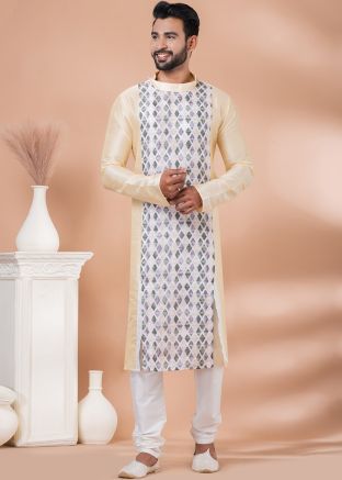 Light Golden Printed Mens Kurta Pajama Set