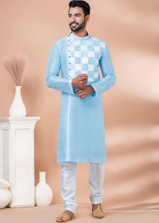 Blue Mens Kurta & Pajama In Dupion Silk