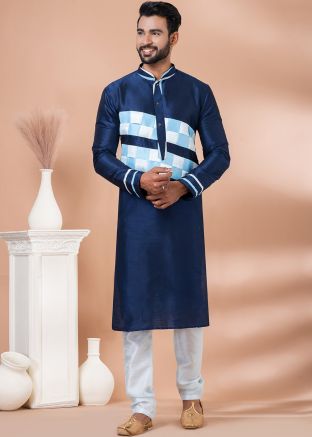 Navy Blue Mens Dupion Silk Kurta Pajama