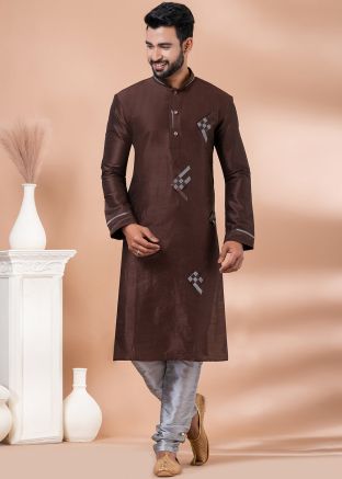 Brown Mens Dupion Silk Readymade Kurta Pajama