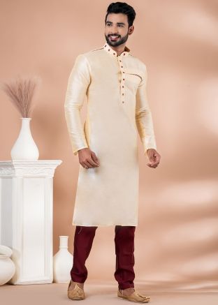 Cream Mens Plain Kurta Pajama In Dupion Silk
