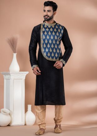 Black Readymade Mens Printed Kurta Pajama