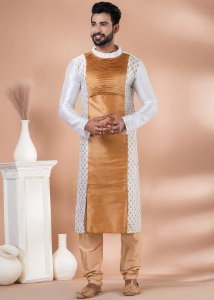 White & Golden Printed Kurta Pajama Set
