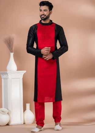 Black & Red Pintucks Kurta & Pajama