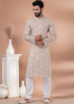 White Floral Printed Kurta Pajama In Cotton