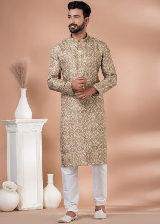 Light Brown Printed Kurta Pajama For Men