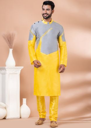 Yellow & Grey Mens Kurta Pajama In Dupion Silk