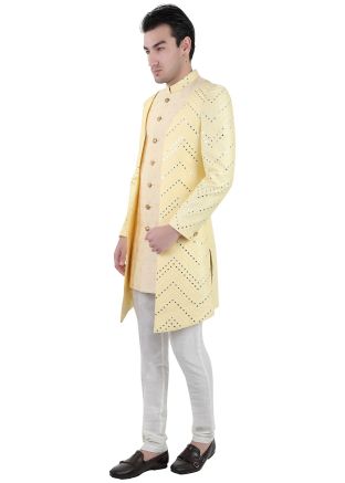 Yellow Embroidered Mens Indo Western Sherwani