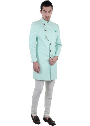 Turquoise Woven Mens Indo Western Sherwani