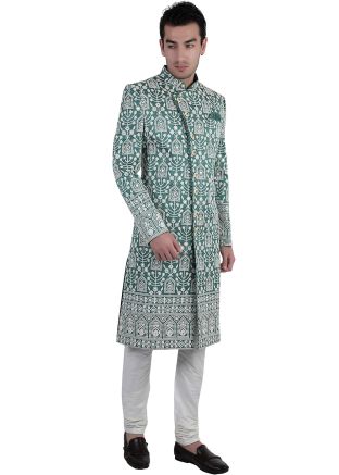Mens Green Embroidered Sherwani In Silk