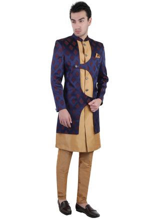 Navy Blue Woven Overlapped Indo Western Sherwani