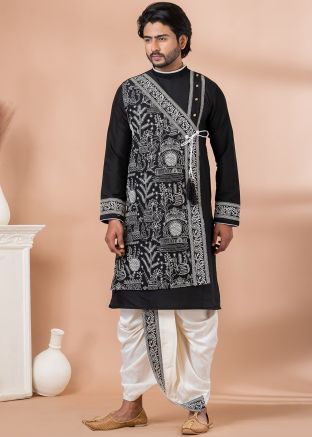 Black Embroidered Mens Dhoti Kurta In Angrakha Style