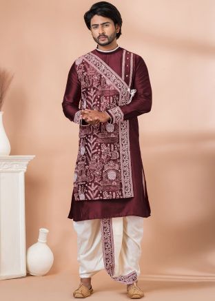 Maroon Embroidered Angrakha Style Mens Dhoti Kurta In Viscose