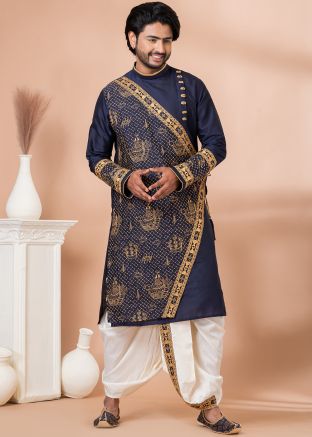 Blue Angrakha Style Mens Dhoti Kurta In Thread Embroidery