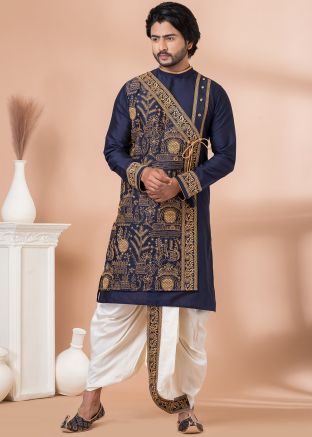 Blue Angrakha Style Mens Dhoti Kurta In Thread Embroidery