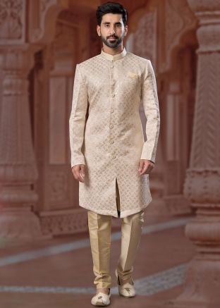 Cream Readymade Embroidered Mens Sherwani In Jacquard