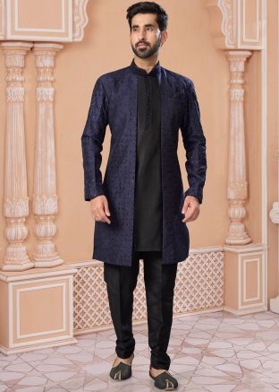 Blue & Black Readymade Embroidered Mens Sherwani Set 