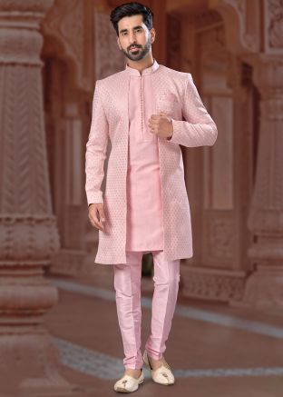 Readymade Embroidered Mens Jacket Style Sherwani In Peach