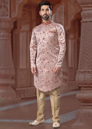 Peach Readymade Jacquard Mens Sherwani Set In Digital Print